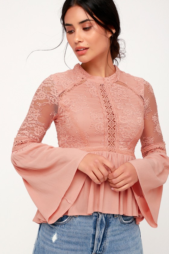 Pretty Blush Pink Lace Top - Bell Sleeve Top - Lace Peplum T