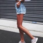 How To Wear Blush Sneakers With Blue Denim Shorts And White Crop .