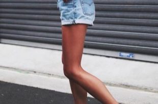 How To Wear Blush Sneakers With Blue Denim Shorts And White Crop .