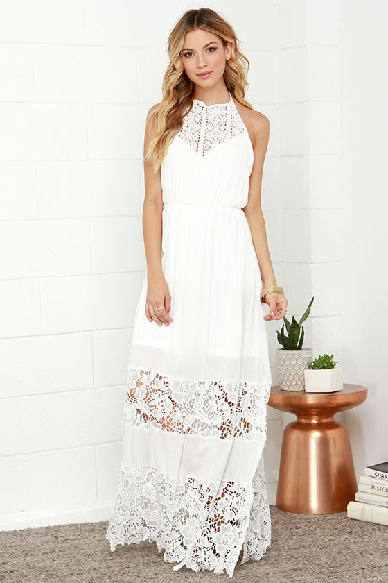 Ivory Dress - Maxi Dress - Lace Dress - Halter Dress - White Dress .