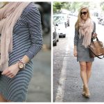 striped sweatshirt dress with scarf, fall transitional outfit .