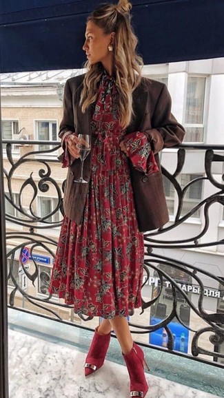 How To Wear Red Suede Ankle Boots With a Red Floral Midi Dress In .