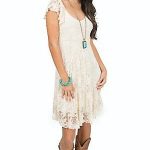 Panhandle Women's Ivory Lace Scoop Neck Ruffle Back Dress .