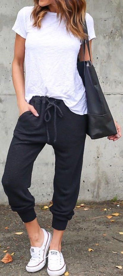 60+ Cute Fall Outfits Ideas: Black Lazy Day Pants // White Top .