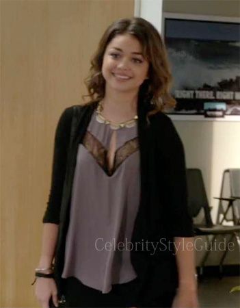 Sarah Hyland as Hailey Dunphee lavender and lace keyhole top .