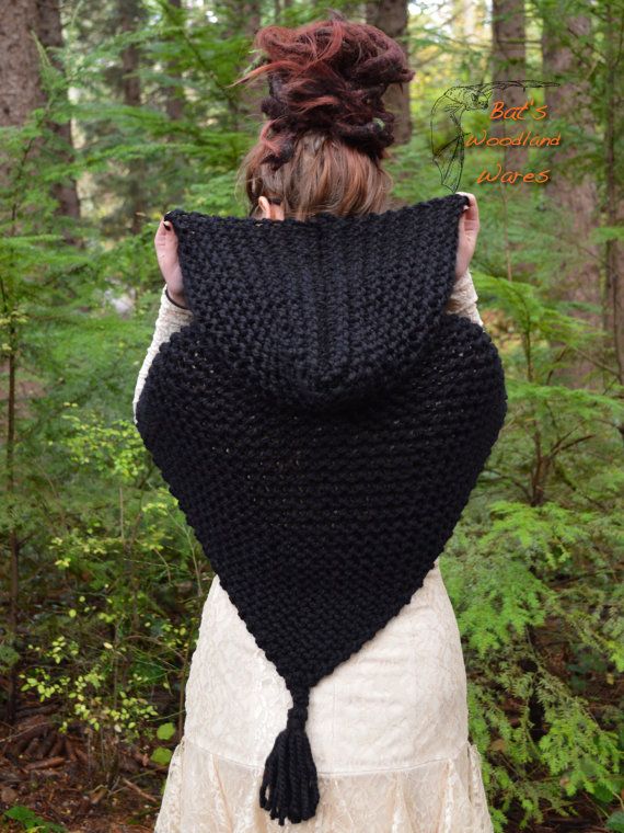 Hooded Caplet Shawl - Forest Witch - Long Knitted Pointed Shawl .