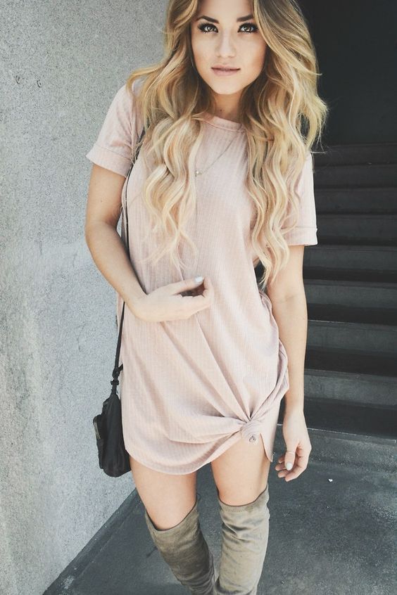 shirt dress and over the knee boots | Fashion, Pink t shirt dress .