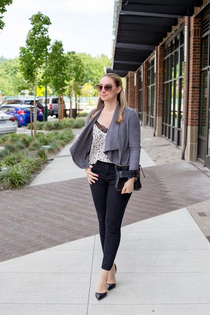 A faux suede jacket + lace camisole make a simple and stylish .