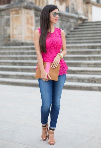 9.13 neon pink lace (Lookbook Store pink lace peplum top + J Brand .