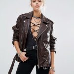 Brown Leather Biker Jacket Womens in Asymmetric