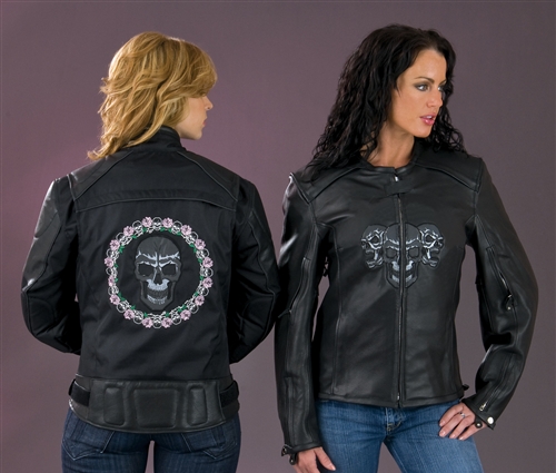 Women's Leather Motorcycle Jacket - Reflective Skulls - Leather .