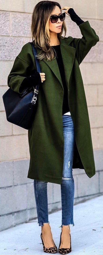 winter #fashion / Green Coat / Bleached Skinny Jeans / Leopard .