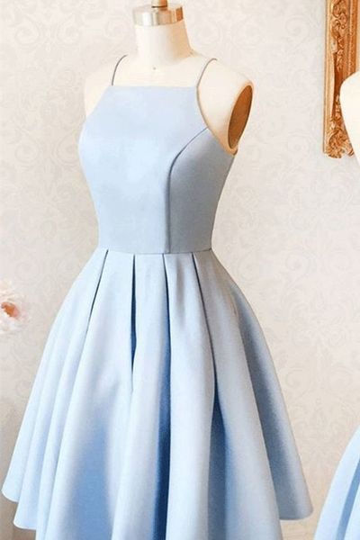Charming Light Blue Mini Homecoming Dresses,Spaghetti Straps .
