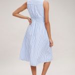 Nautical Lights Blue and White Striped Button-Front Midi Dress in .
