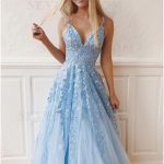 Buy Spaghetti Straps Light Blue Prom Dress with Appliques .