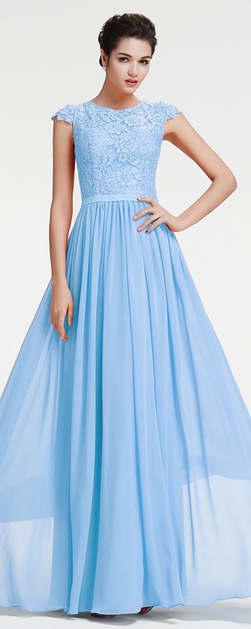 Light blue prom dress cap sleeves modest bridesmaid dresses long .