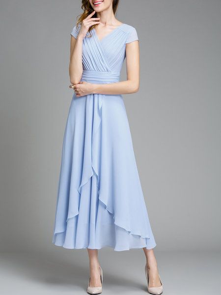 Shop Midi Dresses - Light Blue Short Sleeve Swing Chiffon Midi .