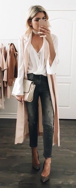 Light Pink Duster + White Blouse + Gray Denim | Fashion, Fall .