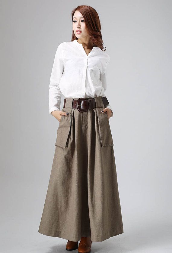 brown maxi skirt, linen skirt, long skirt, A line skirt, fall .