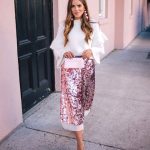 pink-long-sequin-skirt-white-blouse-outfit-christmas-outfit-ideas .