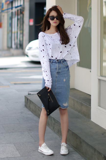 K-Style | Denim skirt outfits, Fashion, Casual street sty