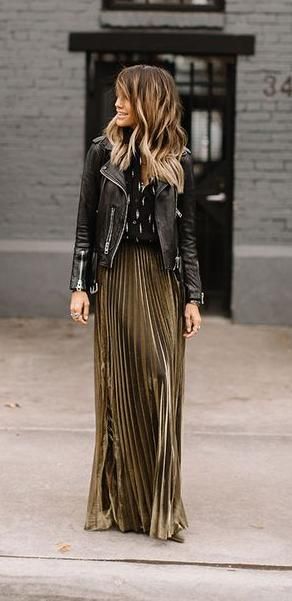 biker jacket. metallic pleated skirt. street style. | Fashion .