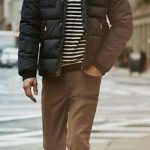 Fall outfit idea with a navy puffer jacket navy white striped long .