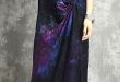 DIY o neck blended outfit Casual Shape purple prints long Dress .