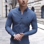 Casual summer outfit idea with a blue long sleeve shirt watch .