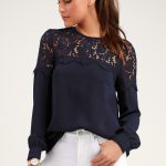 Lace Top - Navy Blue Shirt - Long Sleeve Top - Navy Blou