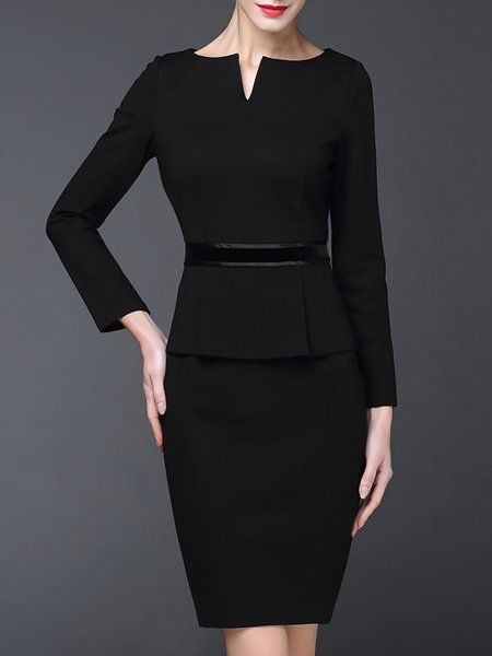 Shop Midi Dresses - Black Polyester Long Sleeve Sheath Crew Neck .