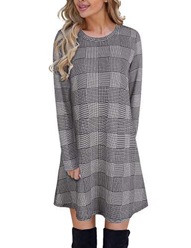 Blooming Jelly Women's Plaid Swing Dress Long Sleeve Round Neck .