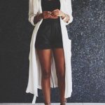 long white cardigan + black crop top + high waist shorts | Fashion .
