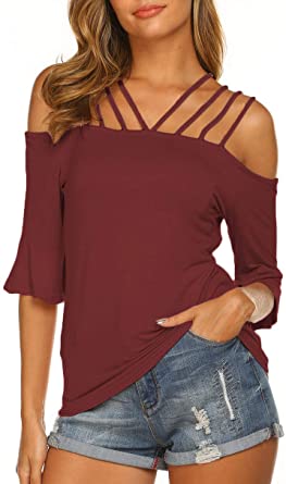 Newchoice Women's Casual Off The Shoulder Tops Straps Ruffle .