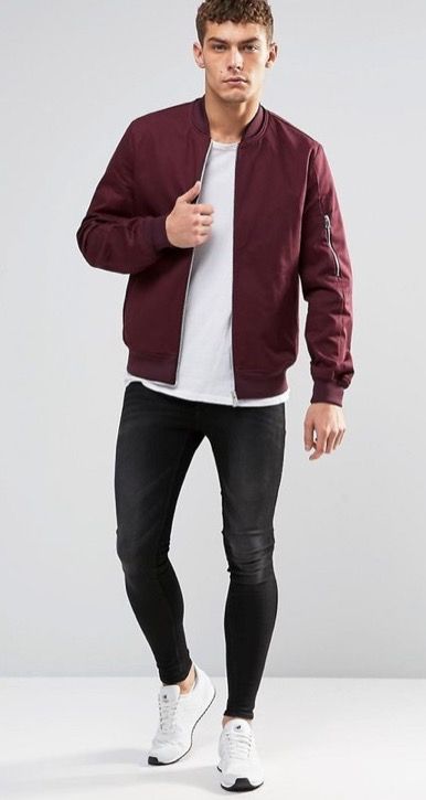 Maroon bomber jacket Boring outfit, add layering to your top .