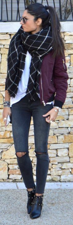 Maroon Bomber Jacket Outfit
  Ideas