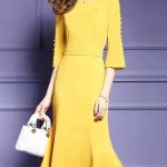 Yellow Mermaid Daily Elegant Half Sleeve Paneled Solid Midi Dress .