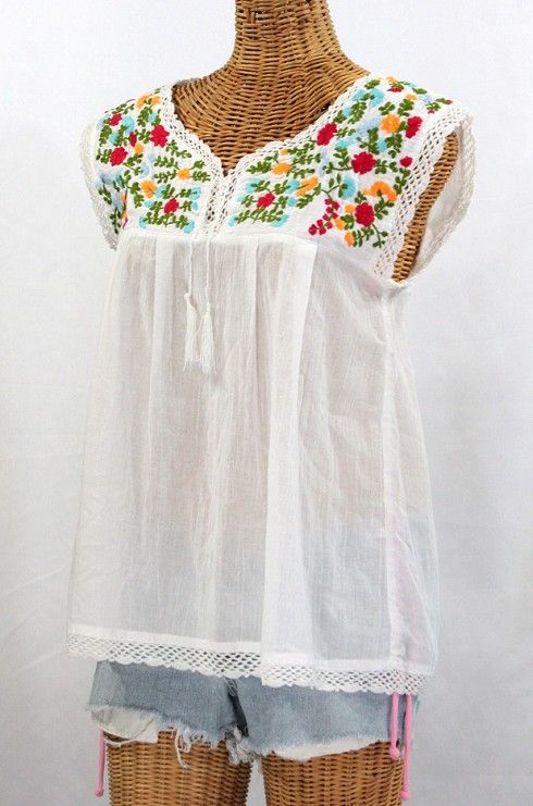 La Marbrisa" Embroidered Mexican Sleeveless Peasant Blouse Top .