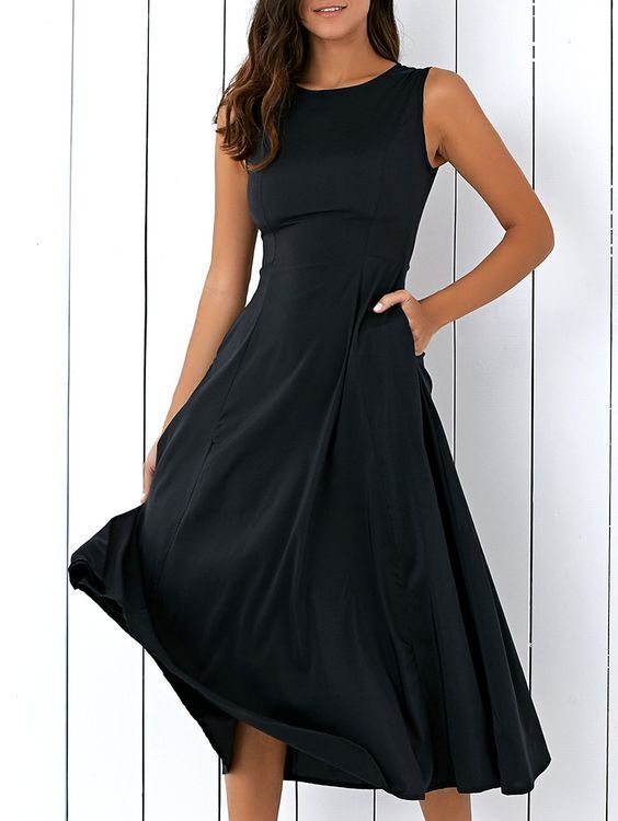 Sleeveless Long Black Round Fitting Midi Dress for Women,Girls .