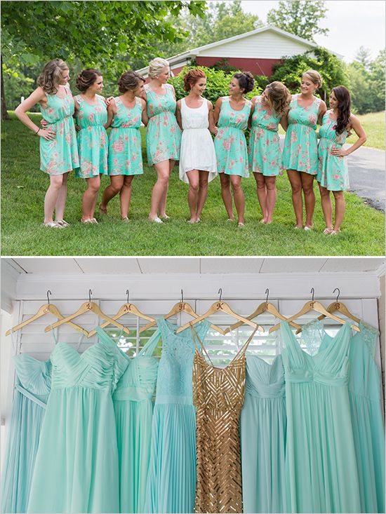 Gold and Mint Vintage Wedding | Gold bridesmaid dresses .