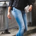 Black moto jacket and tee with blue jeans. Jeans Outfit Ideas .