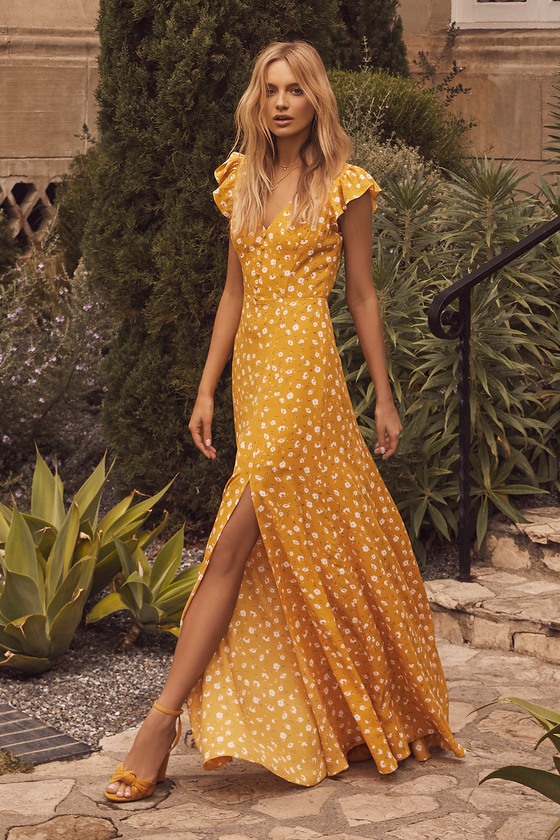 Fresh Picked Mustard Yellow Floral Print Backless Maxi Dress .