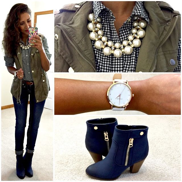 Gingham button-up, cargo vest, jeans, navy ankle boots. | Navy .