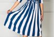 Navy Blue and White Striped Half Sleeve Tie Waist Midi Dress .