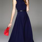 Shop Midi Dresses - Navy Blue Plain Elegant A-line Midi Dress .