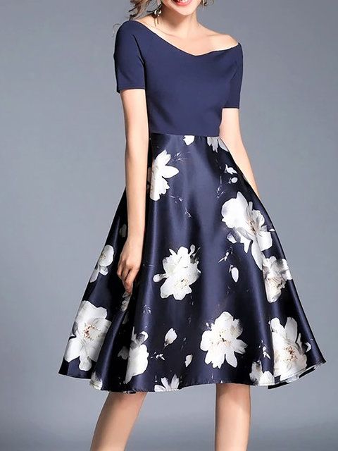Midi Dresses,Blue,Short Sleeve,Floral,Floral-print,Paneled,Spring .