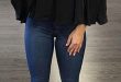summer outfits Black Off The Shoulder Top + Navy Skinny Jeans + .