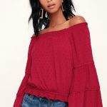 Boho Off-the-Shoulder Top - Dark Red Top - Red Bell Sleeve T