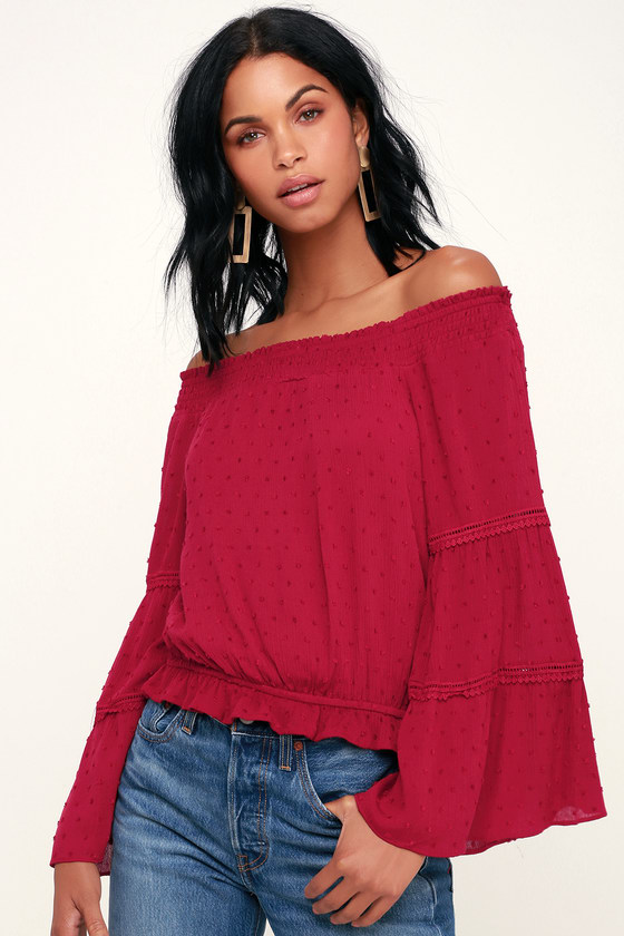Boho Off-the-Shoulder Top - Dark Red Top - Red Bell Sleeve T