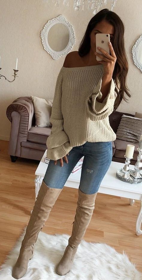 winter #outfits beige knitted off-shoulder sweater #WomenClothing .
